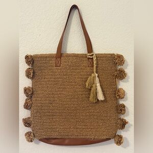 NWT Soft Surroundings Boho Woven Pom-Pom Summer Tote Tan